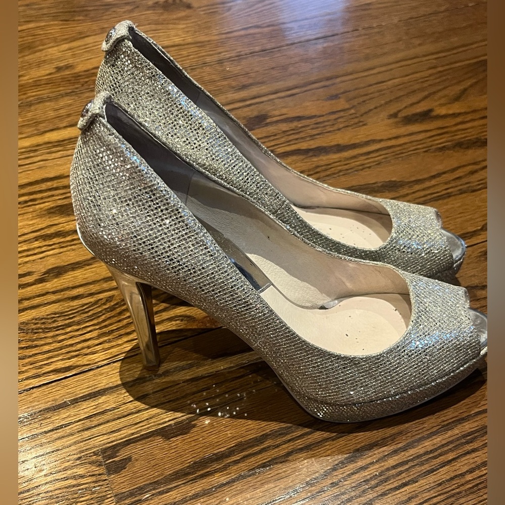 Michael Kors Glittering Silver Peep Toe Heels - Picture 6 of 15